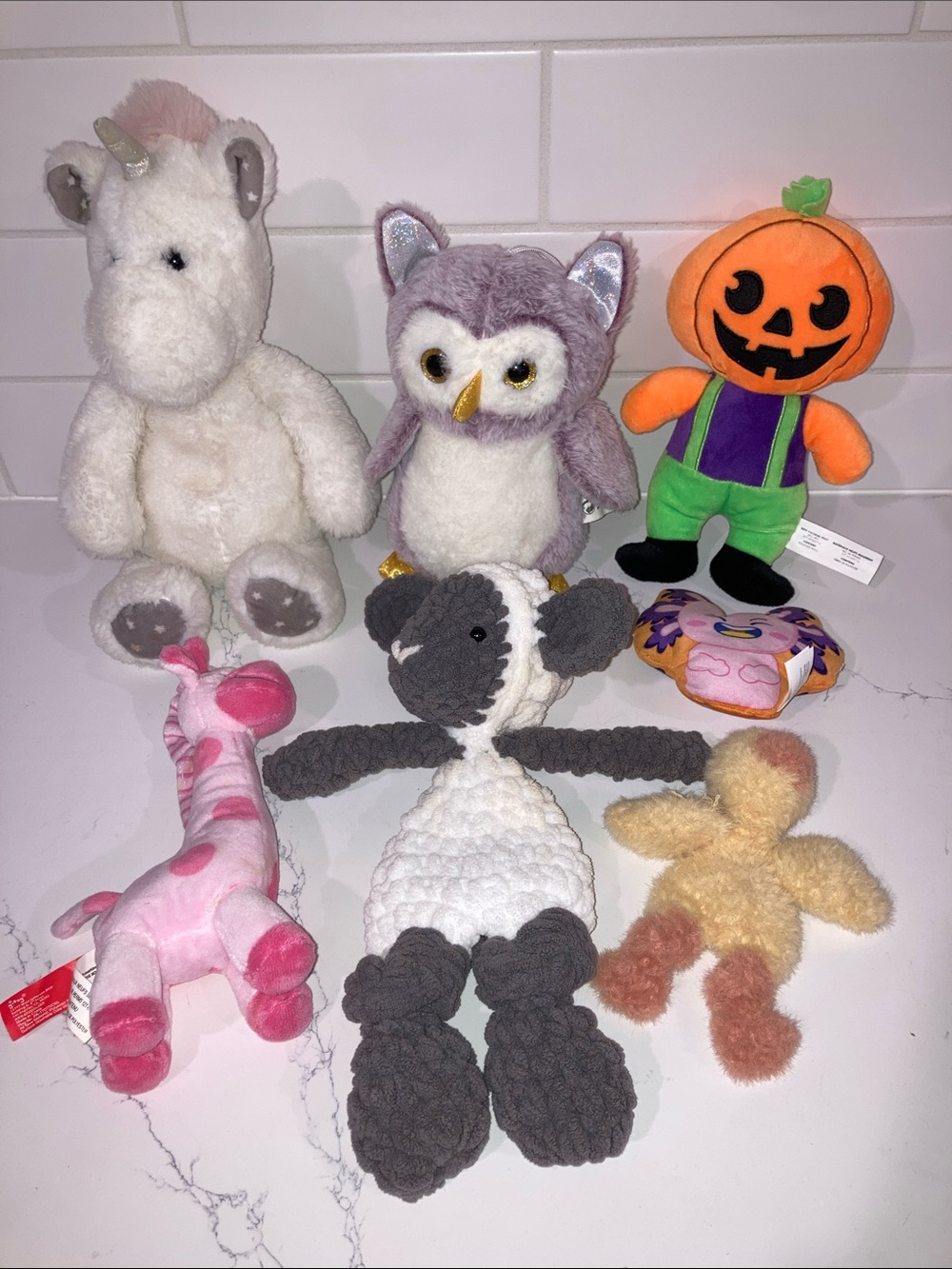 Lot of Stuffed Animals (7PC) - Unicorn, Owl, Pumpkin, Giraffe, Lamb, Chick